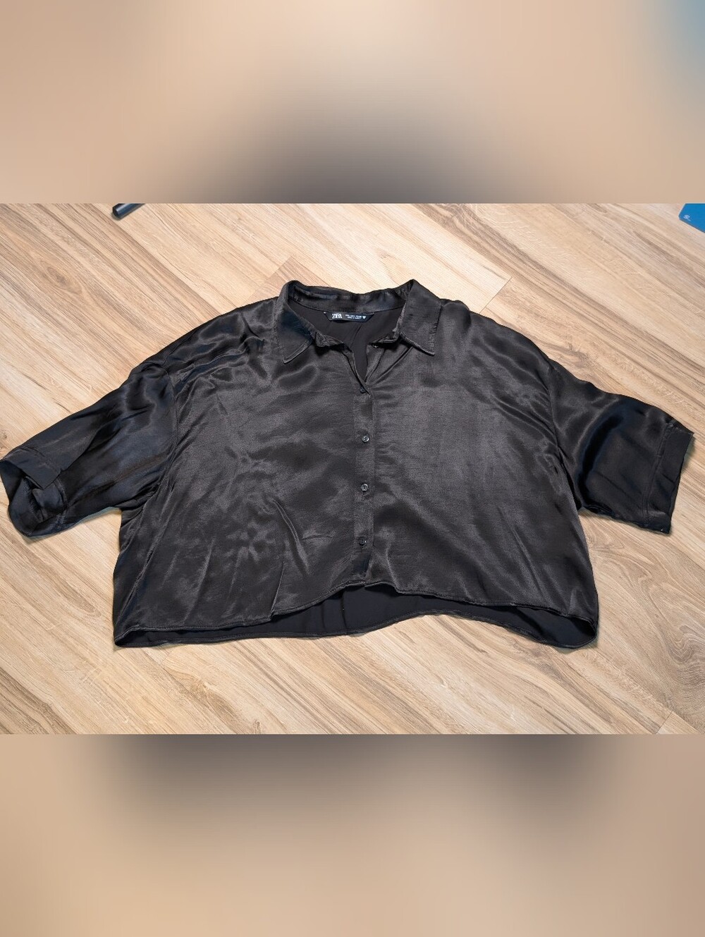 ZARA Black Viscose Cropped Button Down Blouse Shirt